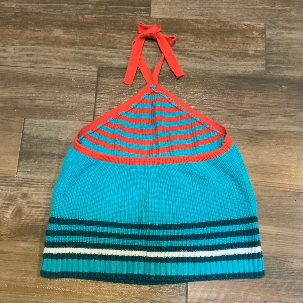 Zara Women’s Medium Block Striped Crochet Halter Crop Tank Top-Teal white Orange - Picture 2 of 10